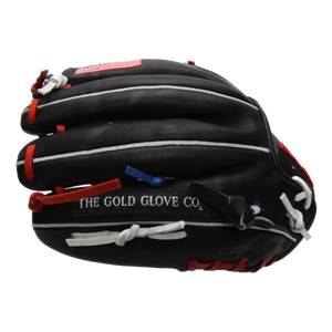 Top-down view of a black baseball glove with red and white lacing, an American flag patch, and THE GOLD GLOVE CO. text.