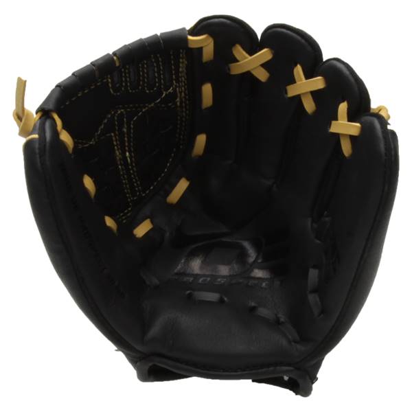 Open view of a black youth baseball glove with gold lacing and PRO-SPEC text.