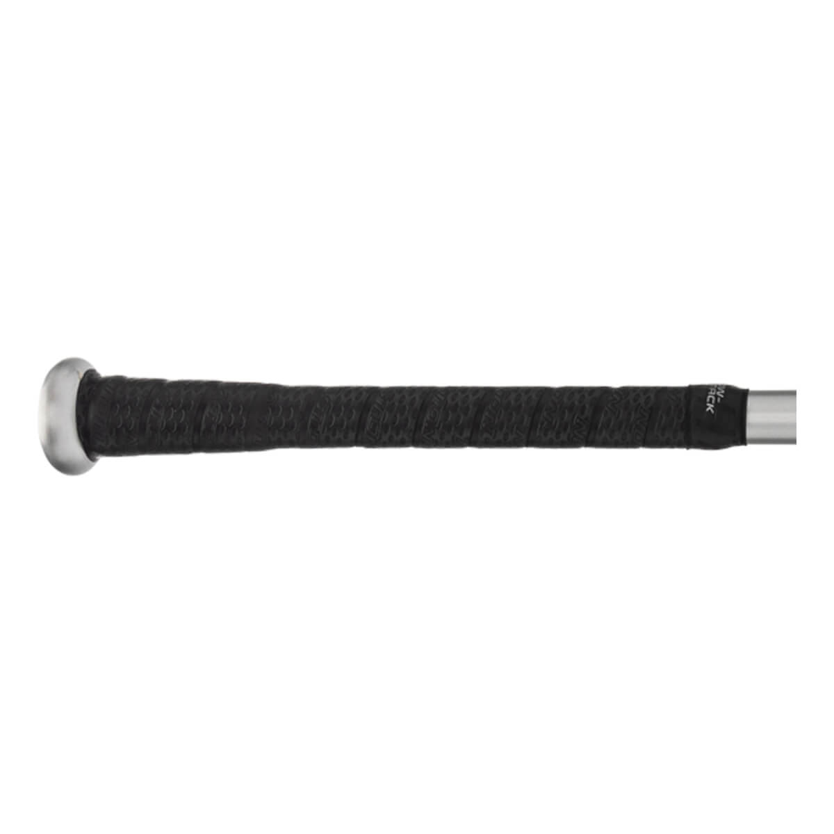Side view of a black baseball bat with a textured grip and silver end cap.