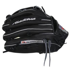 Side view of a black baseball glove with white stitching and Akadema USA Patriot Series text.