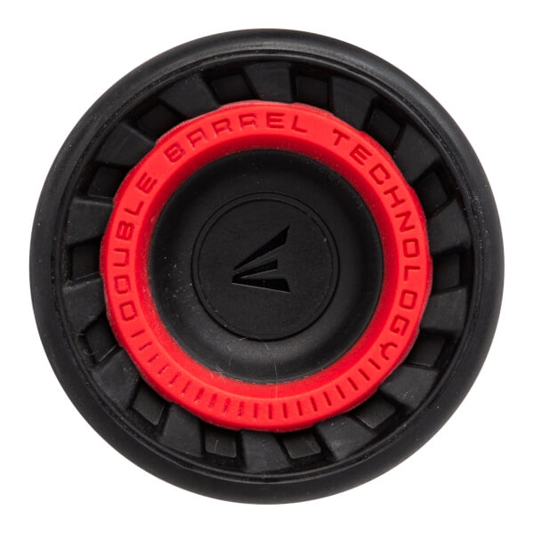 Top-down view of a black softball bat end cap with red DOUBLE BARREL TECHNOLOGY text and an Easton logo.
