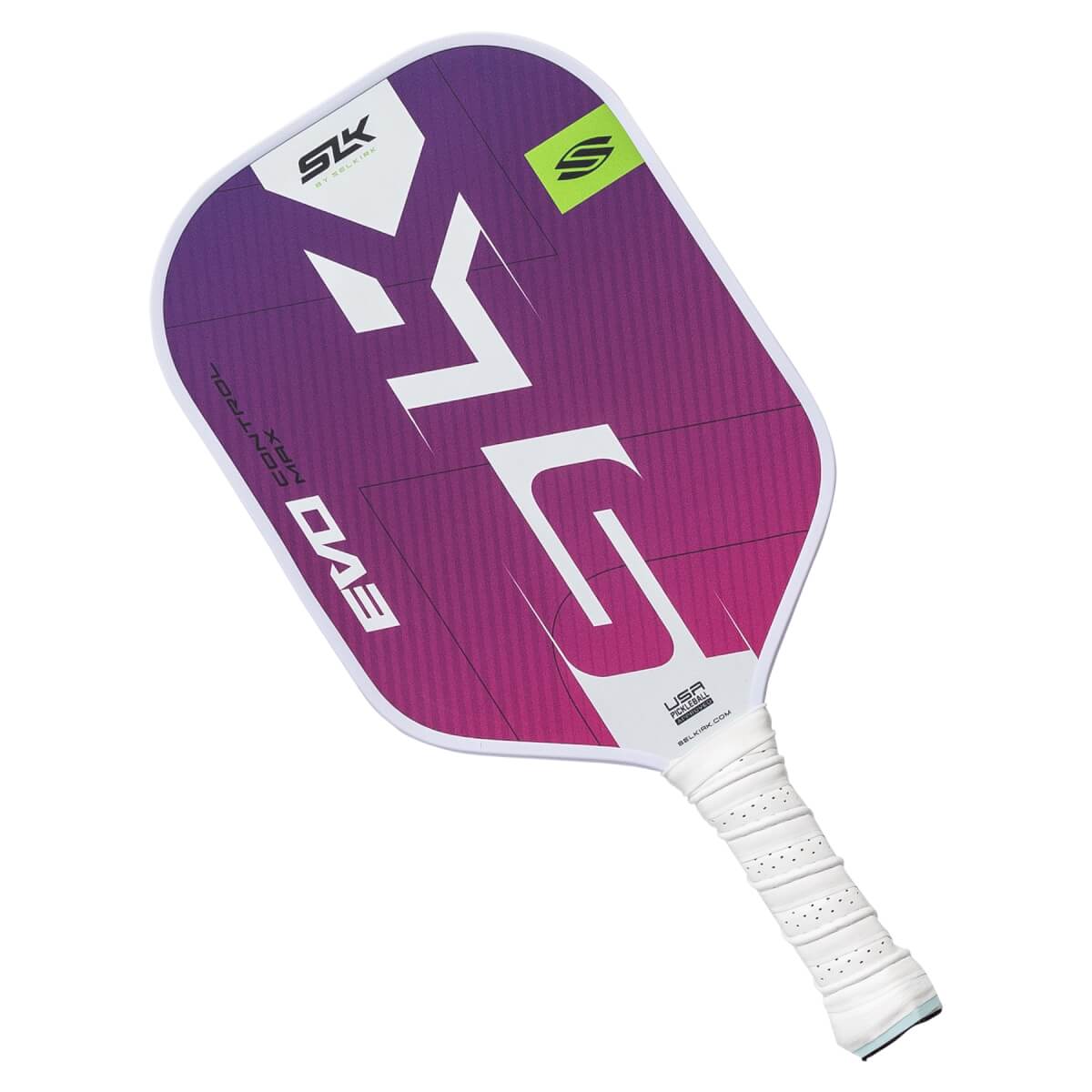 Top-down view of a purple and white pickleball paddle with large white SLK logo and EVO CONTROL MAX text.