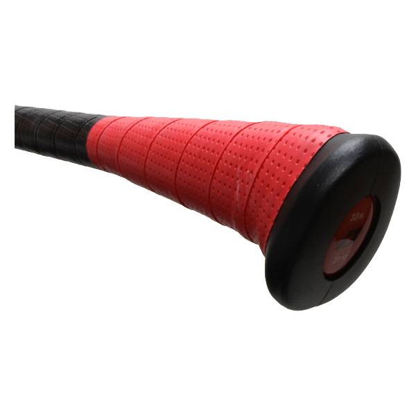 Close-up of a black baseball bat with a red perforated grip and black end cap showing 31in.