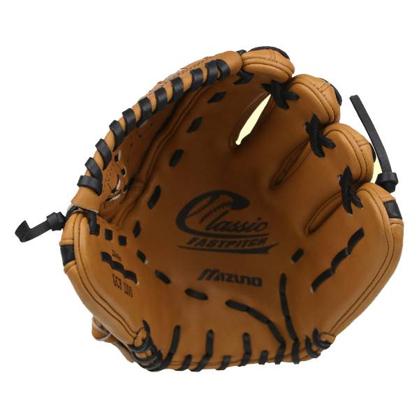 Top-down view of a tan fastpitch glove with black lacing and Classic Fastpitch Mizuno text.