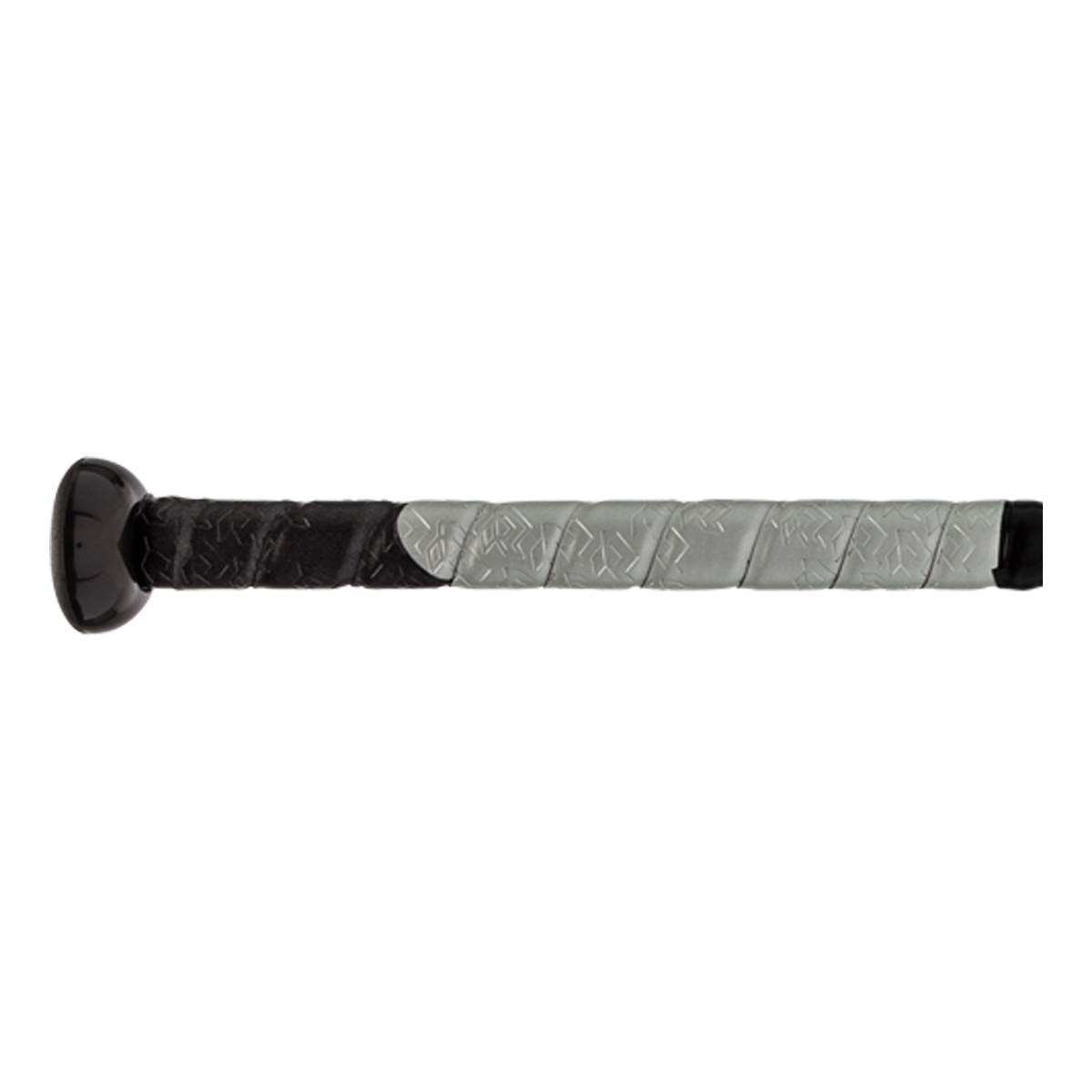 Side view of a black and silver baseball bat with a two-tone textured grip.