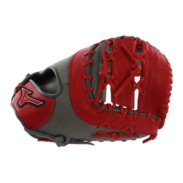 Side view of a smoke and red baseball glove with red lacing and a Mizuno logo.