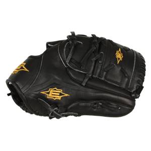 Side view of a black baseball glove with gold Easton logos and lacing.