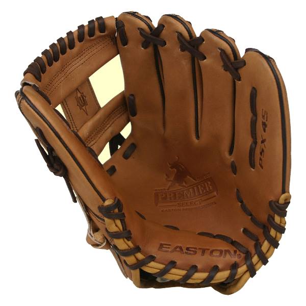 Top-down view of a tan baseball glove with EASTON and PREMIER SELECT branding.