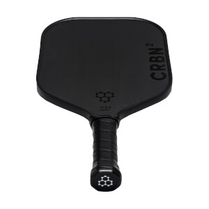 Top-down view of a black pickleball paddle with CRBN² branding and a honeycomb logo.
