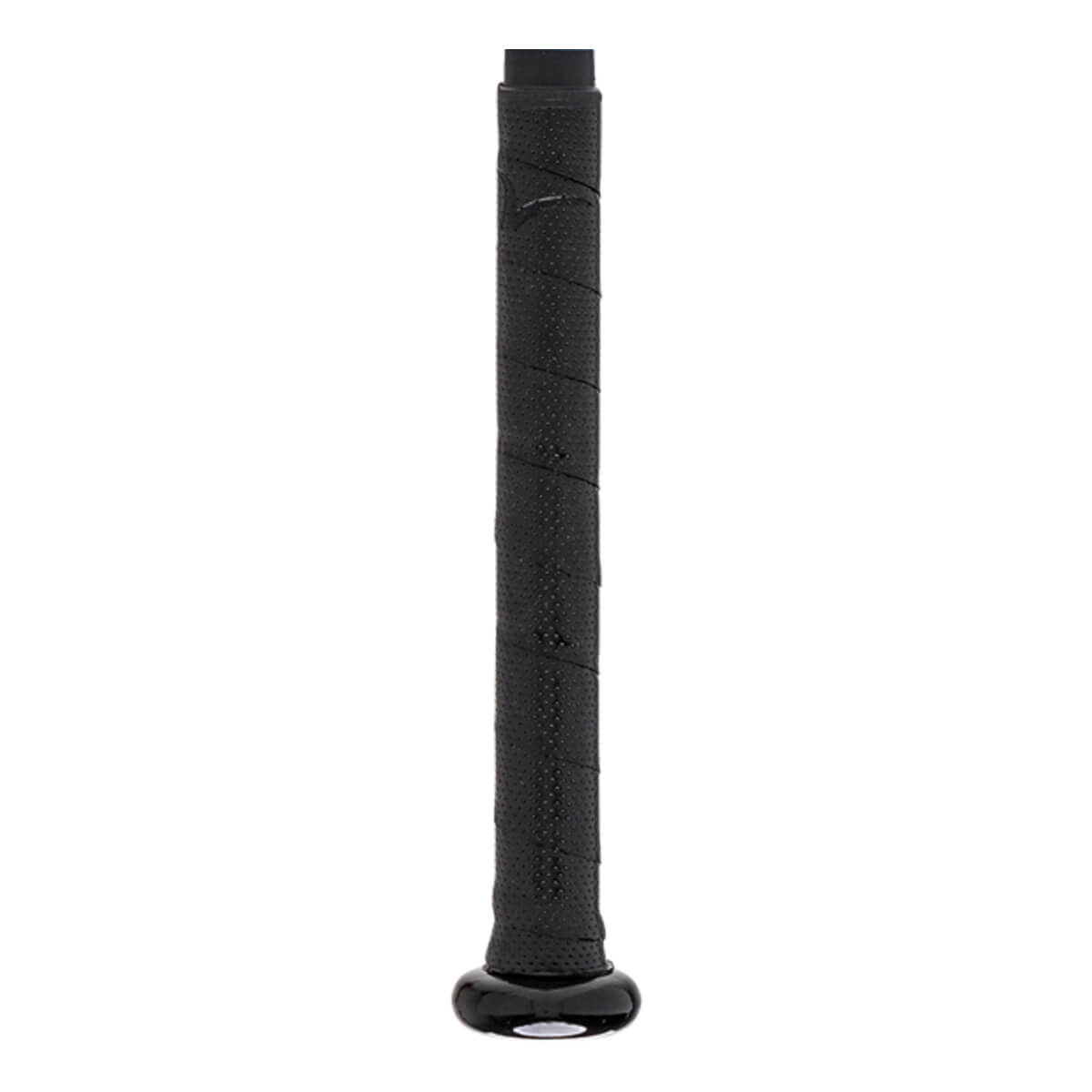 Close-up of a black baseball bat grip with a textured pattern and a glossy black knob.