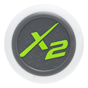 End cap view of the bat featuring a circular white rim and a textured gray center with a prominent neon green X2 logo.