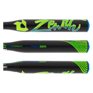 Side view of a black DeMarini Zenith fastpitch softball bat with green and blue accents and text.