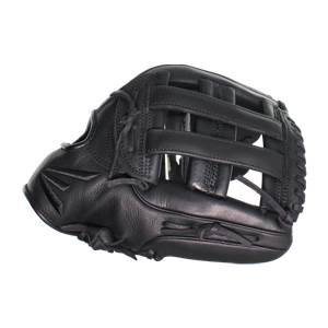 Side view of a black baseball glove with a webbed pocket and stitched finger stalls.