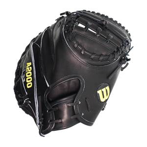 Side view of a black baseball catchers mitt with yellow A2000 text and a Wilson W logo.