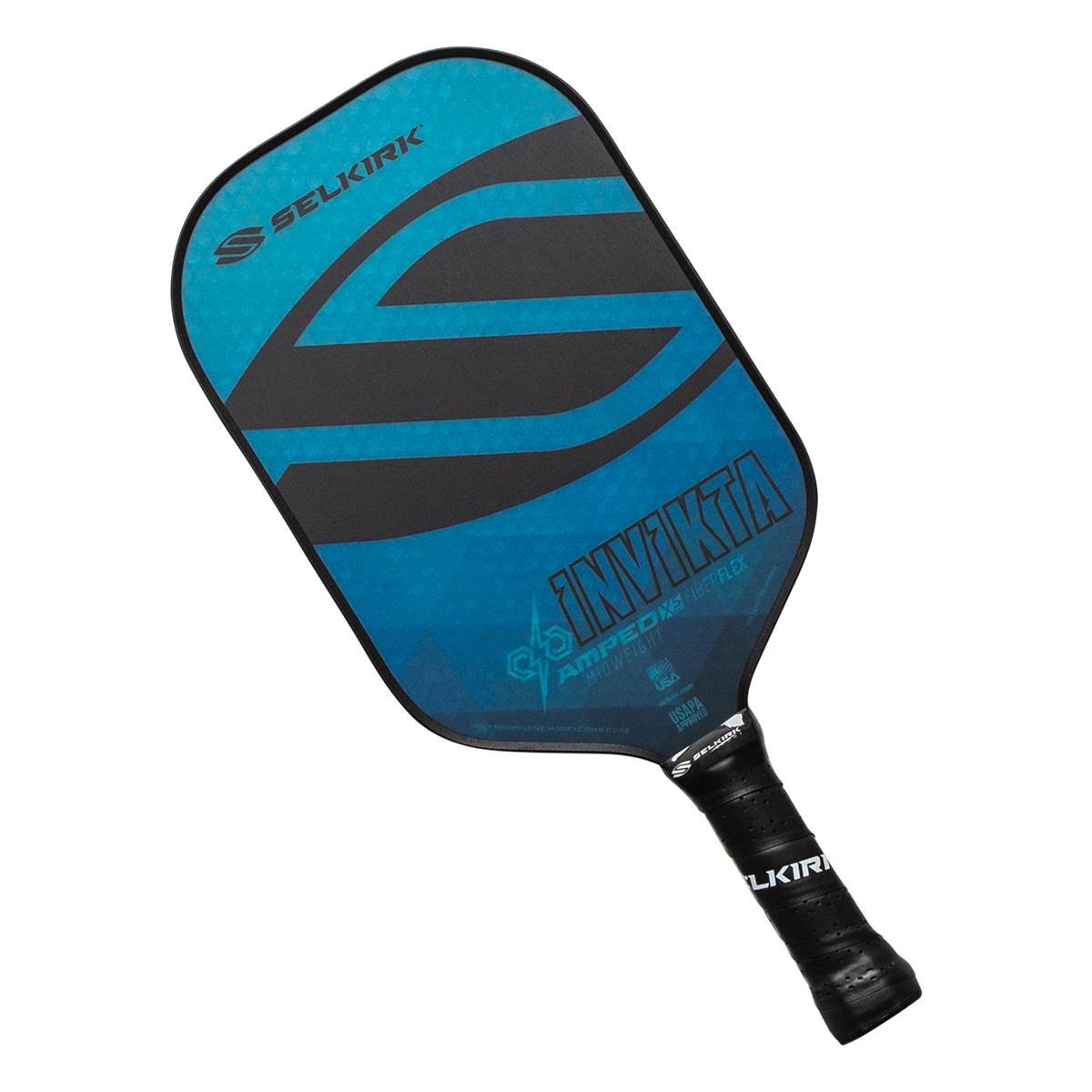 Top-down view of a blue and black pickleball paddle with INV IKTA and AMPED MIDDLEWEIGHT text.
