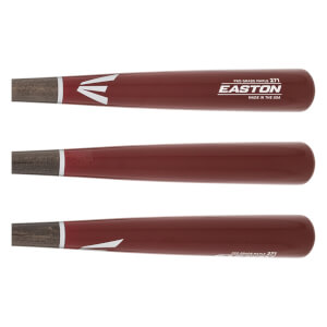 Three views of a maroon Easton baseball bat with white branding and a silver band.