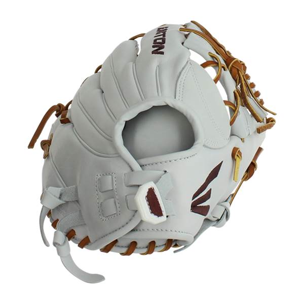 Side view of a white softball glove with brown lacing and a maroon Easton logo.
