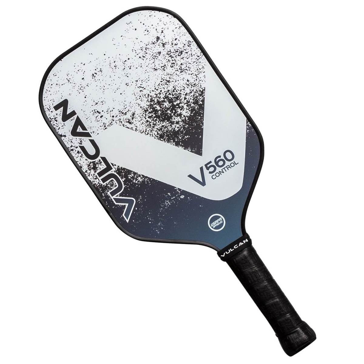 Top-down view of a white and black pickleball paddle with a V560 Control logo and Vulcan branding.