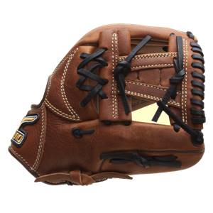 Side view of a brown baseball glove with black lacing and white stitching.