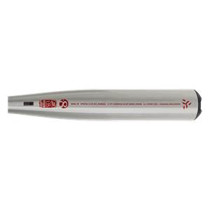 Side view of a silver baseball bat with red text and logos.