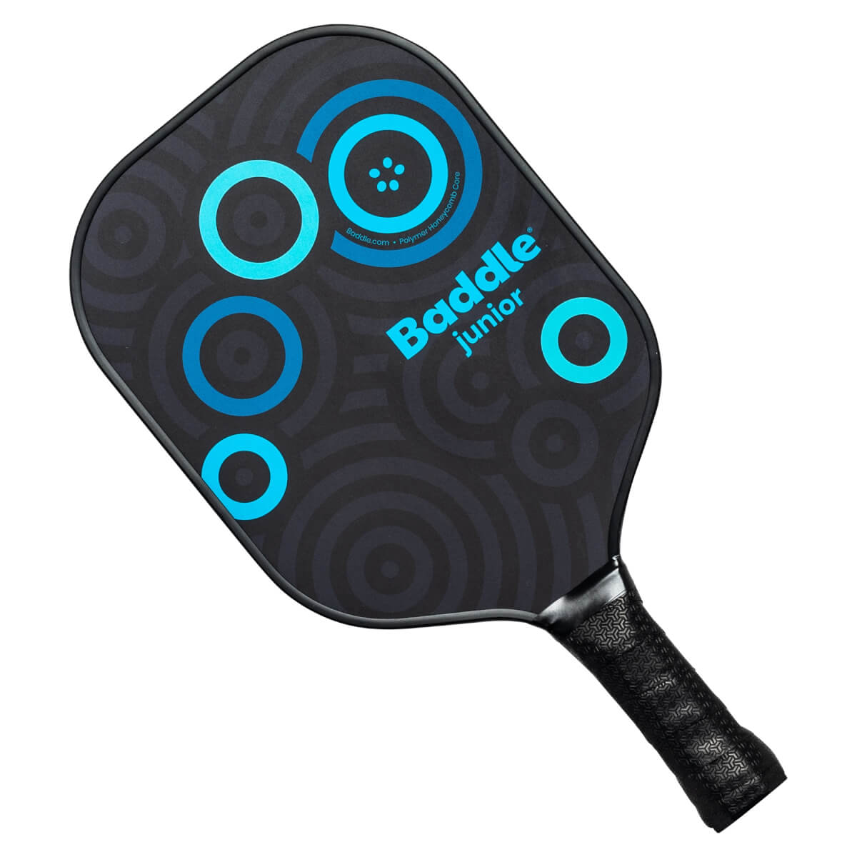 Top-down view of a black Baddle Junior pickleball paddle with blue concentric circles and grip.
