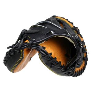 Top-down view of a black catchers mitt with tan interior and yellow stitching.