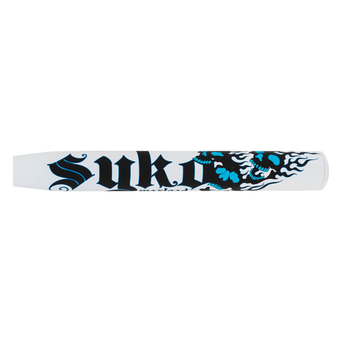Side view of the white bat barrel showcasing prominent black gothic "Syko" text next to a stylized blue and black flaming skull graphic.