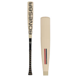 Dual view of a cream baseball bat with black grip and gold stripes, showing a detail of its barrel with red and blue stripes.