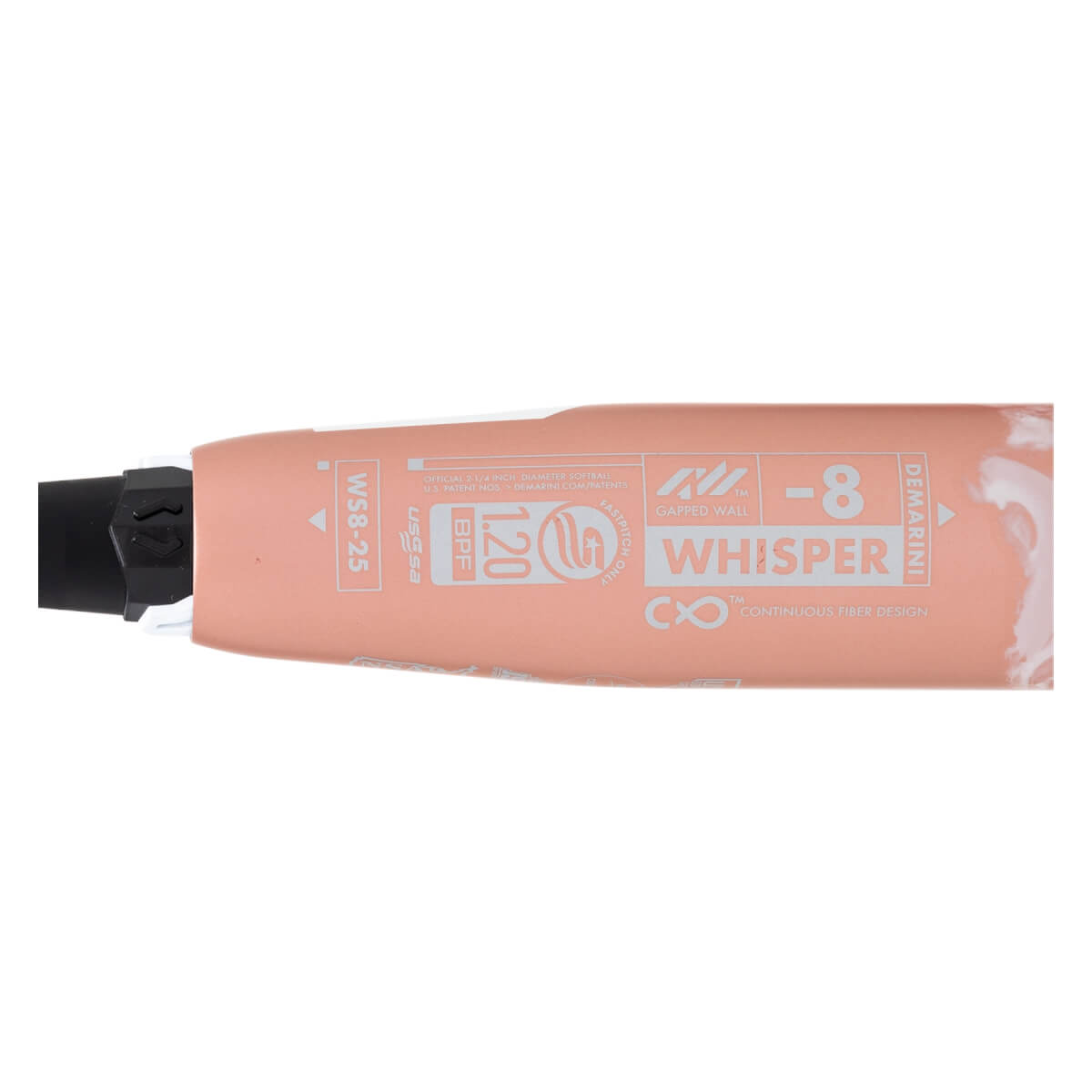 Close-up of a peach fastpitch softball bat with WHISPER -8, DeMarini branding, and USSSA stamp.