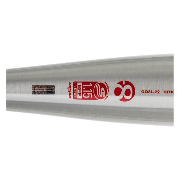 Side view of a silver baseball bat with USSSA and 1.15 BPF markings.