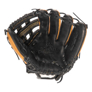 Front view of a black baseball glove with tan accents and Shoeless Joe logo.