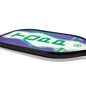 Side view of a purple pickleball paddle with green TOPP text and a circular logo.