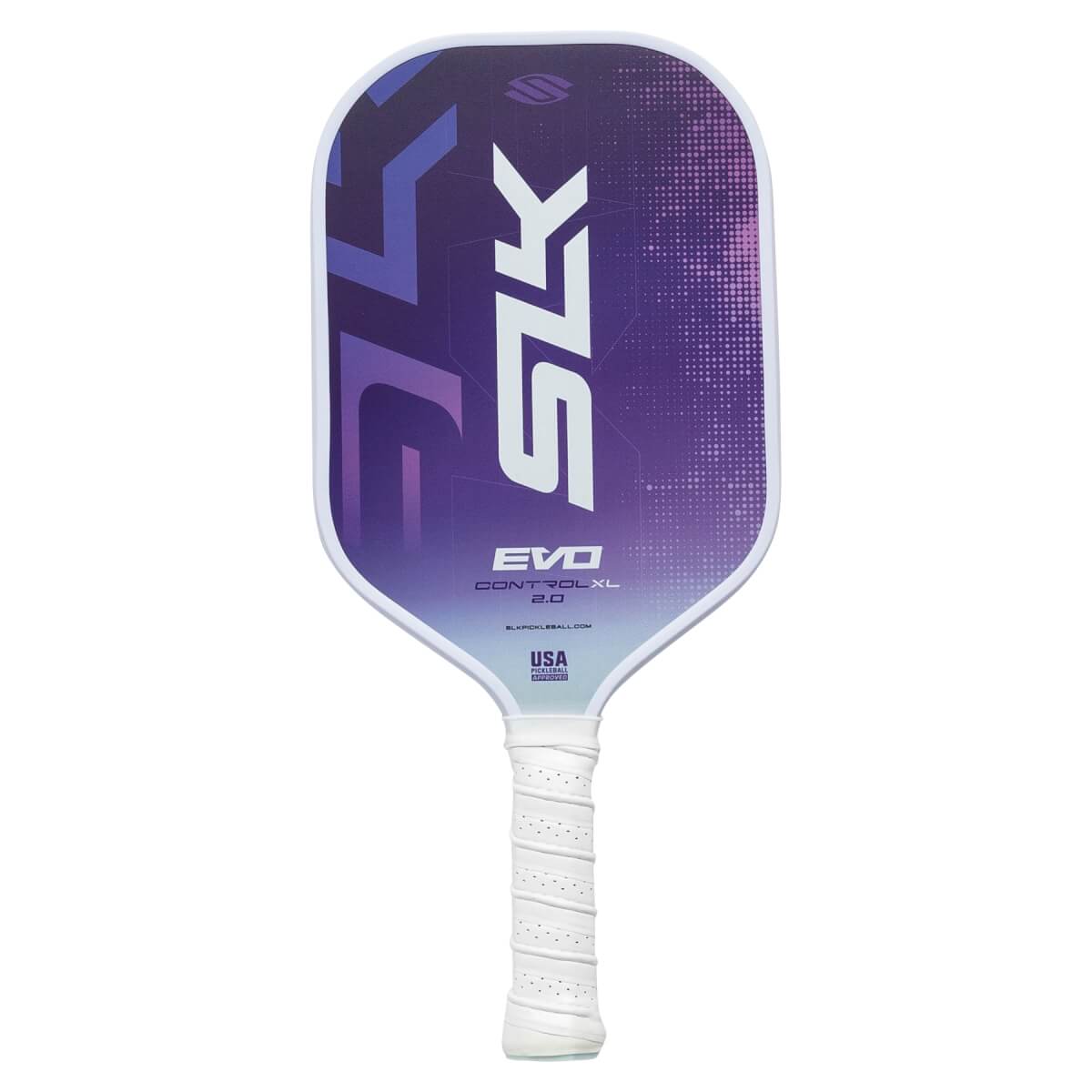 Front view of a purple and white pickleball paddle with SLK EVO CONTROL XL 2.0 and USA branding.
