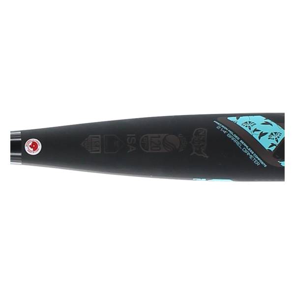 Side view of a black fastpitch softball bat with USA, ISA, and 120 certifications and teal floral pattern.