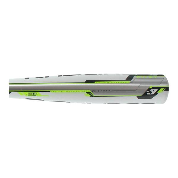 Side view of a white baseball bat with green and black accents, 5150 logo, and 2 5/8 diameter text.