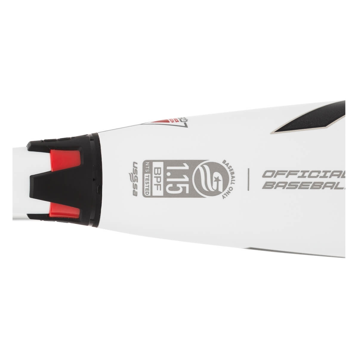Side view of a white baseball bat with black and red accents, USSSA logo, and OFFICIAL BASEBALL text.