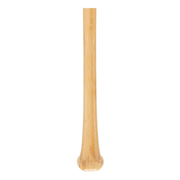 Bottom view of a natural bamboo baseball bat with a smooth, rounded knob.