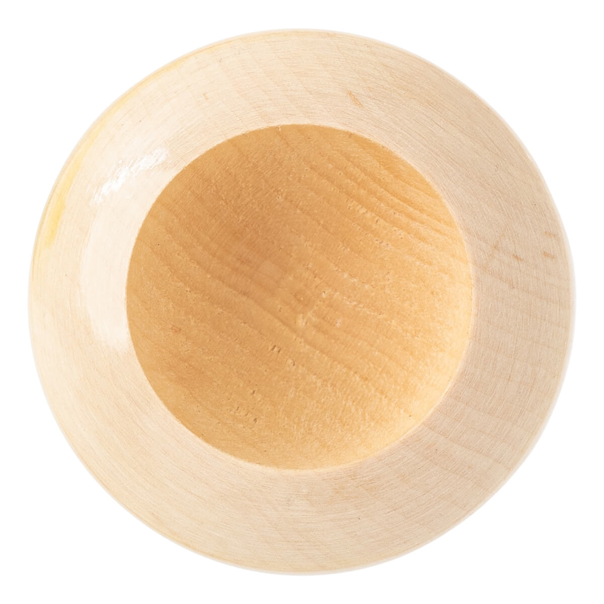 Top-down view of a natural maple wood baseball bat with a circular cupped end and visible wood grain.