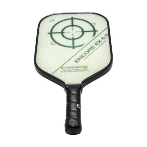 Top-down view of a white pickleball paddle with a green target design and ENCORE EX 6.0 text.