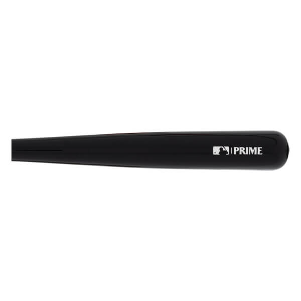 Close-up of a black baseball bat with a glossy finish, featuring a white MLB logo and PRIME text.