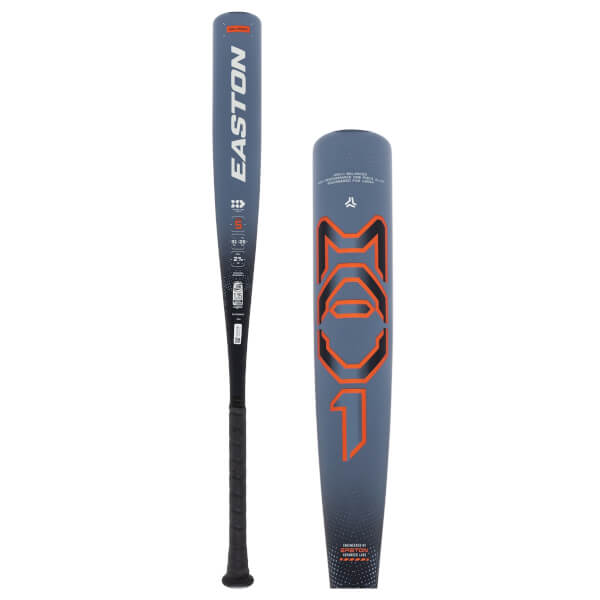 Split view of a gray baseball bat with EASTON logo, black grip, and large orange MAV1 graphic on the barrel.