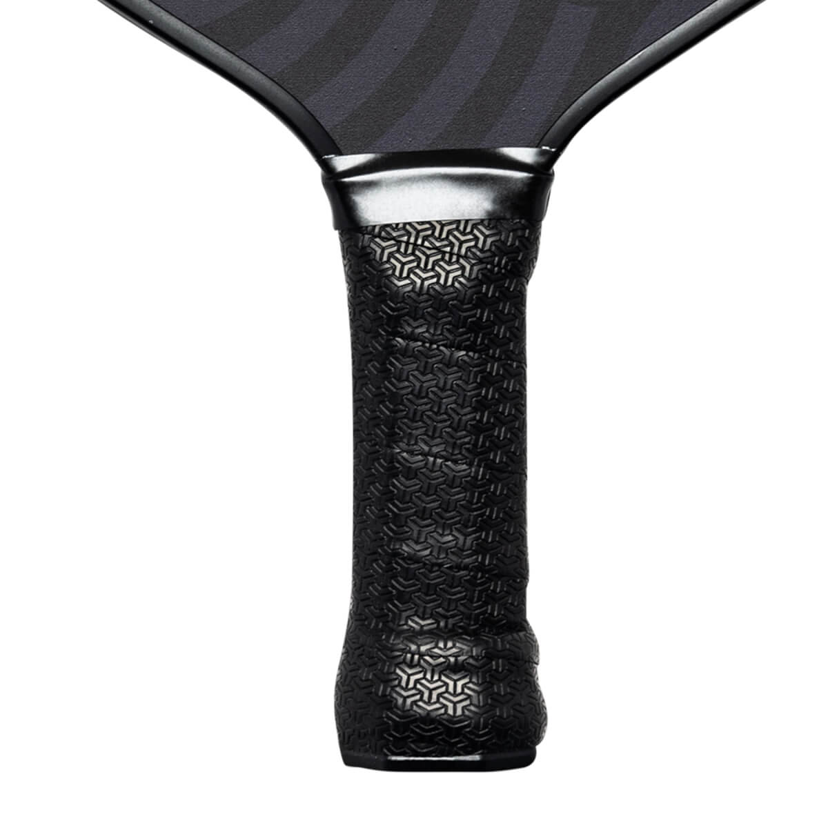 Close-up of a black pickleball paddle grip with a textured pattern and silver neck.
