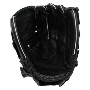 Front view of a black baseball glove with white stitching and a textured palm.
