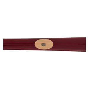 Close-up of a dark red baseball bat with a light wood oval insert and a circular black logo.