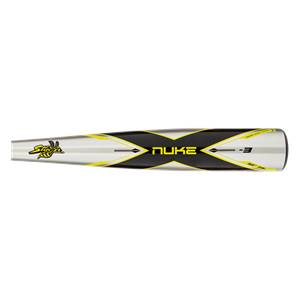 Side view of a silver baseball bat with black and yellow NUKE branding and a Stinger logo.