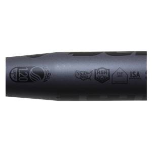 Close-up of a gray slow pitch softball bat with BPF 1.20, USSSA, NSA 2012, ASA, ISF 2005, and ISA Approved logos.