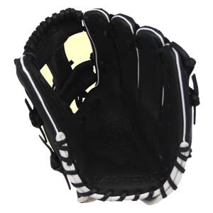 Top-down view of a black baseball glove with white lacing and visible EASTON text.