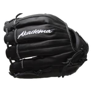 Side view of a black baseball glove with white stitching and Akadema logo.