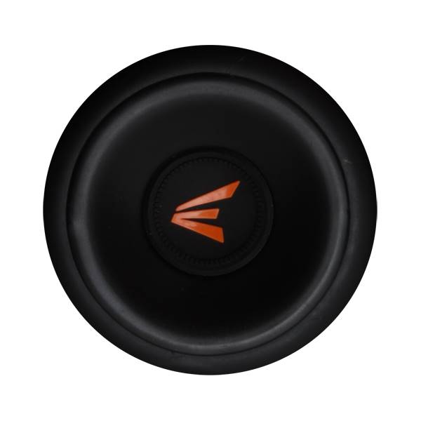 Top-down view of a black baseball bat end cap with an orange Easton logo.