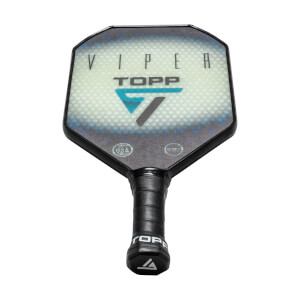 Top-down view of a black pickleball paddle with VIPER and TOPP logos, and USA text.